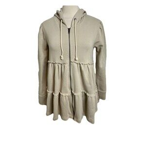 FREE PEOPLE Oversized Trapeze Hoodie Zip Sweatshirt Tiered  Beige Medium EUC